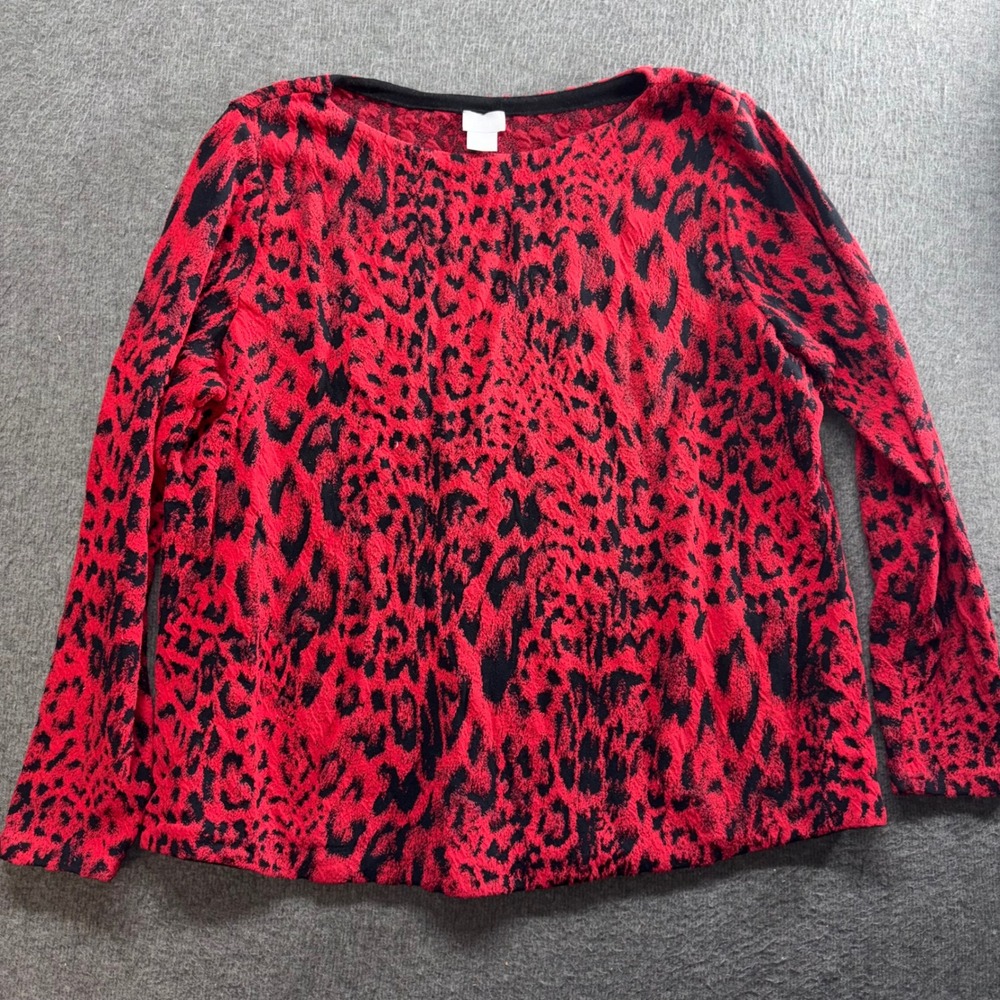 Chicos Red Black Leopard Print Long Sleeve Boat Neck Top Size 3 XL Animal Print